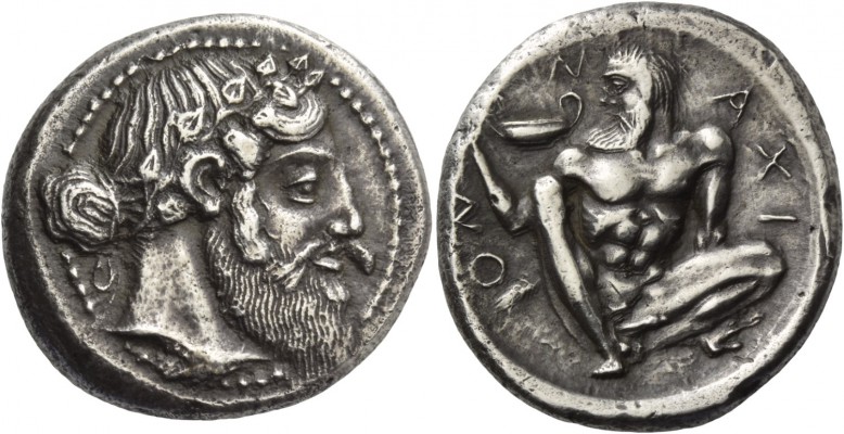 Naxos. Tetradrachm, circa 460, AR 17.14 g. Bearded head of Dionysus r., wearing ...