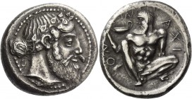 Naxos. Tetradrachm, circa 460, AR 17.14 g. Bearded head of Dionysus r., wearing ivy-wreath, hair tied up high in a knot at the nape of his neck. Rev. ...