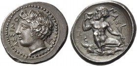 Naxos. Hemidrachm circa 420, AR 2.05 g. ΑΣΣΙΝΟ – Σ Ivy-wreathed head of river god Assinos l. Rev. NAΞI – ΩN Silenus squatting facing, head l., holding...
