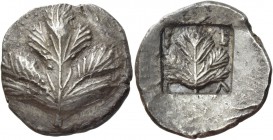 Selinus. Didrachm circa 500-480, AR 8.32 g. Selinon leaf. Rev. Σ – Ε / [I] – Λ Selinon leaf in incuse square. Rizzo pl. 31, 6. SNG Lloyd 1213 (these d...
