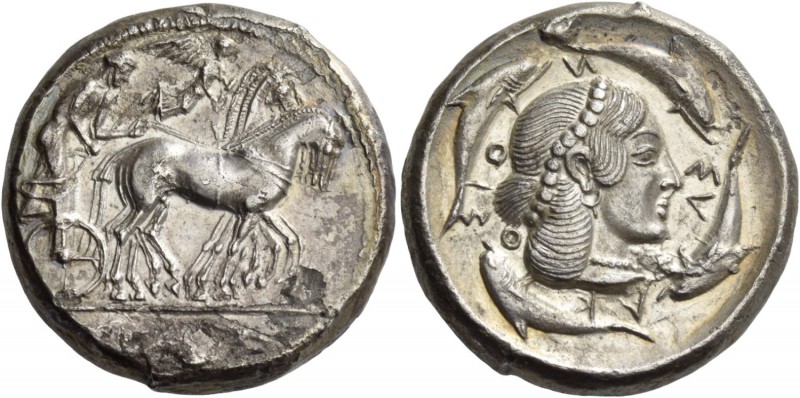 Syracuse. Tetradrachm circa 466-460, AR 17.12 g. Charioteer, holding kentron in ...