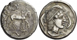 Syracuse. Tetradrachm circa 460-450, AR 17.07 g. Charioteer, holding kentron in r. hand and reins in both, driving slow quadriga r.; above, Nike flyin...