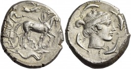 Syracuse. Tetradrachm circa 450–440, AR 17.23 g. Slow quadriga driven r. by charioteer; above, Nike flying r. to crown the horses. In exergue, sea-mon...