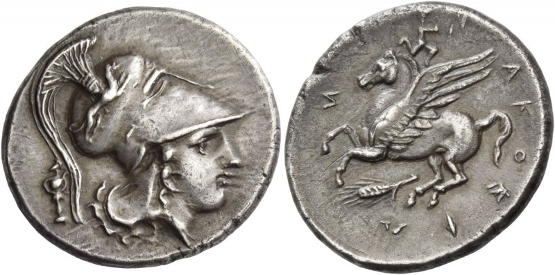 Syracuse. Stater circa 317-306/5, AR 8.26 g. Head of Athena r., wearing crested ...