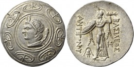 Antigonus II Gonatas, 277 – 239. Tetradrachm Amphipolis 277-239, AR 17.17 g. Macedonian shield decorated in centre with head of Pan l., with pedum ove...