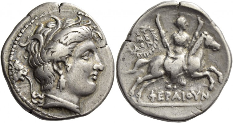 Thessalia, Pherae. Stater circa 302-286, AR 11.31 g. Head of nymph Hipereia r., ...
