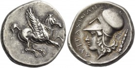 Illyria, Dyrrachium. Stater after 350, AR 8.63 g. Pegasus flying r. Rev. ΔΥΡΡΑΧΙΝΩΝ Head of Athena l., wearing Corinthian helmet; behind, Σ and club. ...