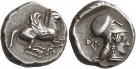 Epirus, Ambracia. Stater circa 480-456, AR 8.31 g. Pegasus flying r.; below, Λ. Rev. Head of Athena l., wearing Corinthian helmet and pearl necklace; ...