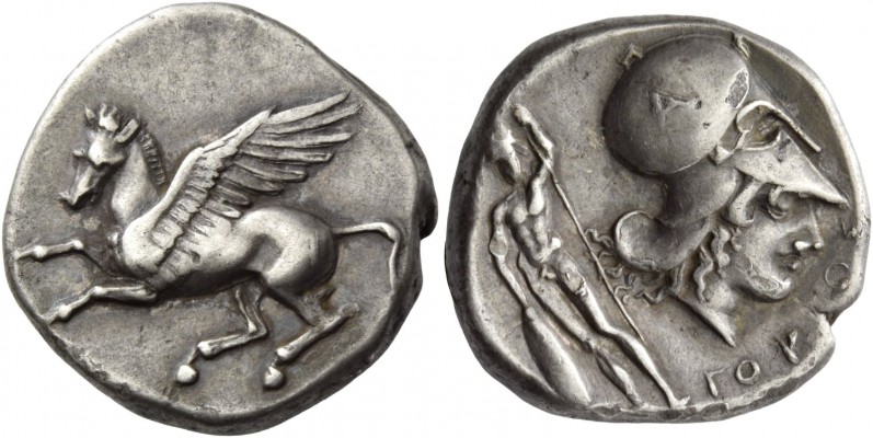 Epirus, Ambracia. Stater circa 404-360, AR 8.46 g. Pegasus flying l. Rev. Head o...