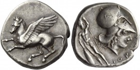 Epirus, Ambracia. Stater circa 404-360, AR 8.46 g. Pegasus flying l. Rev. Head of Athena r., wearing Corinthian helmet; on bowl, A and behind, nude ma...
