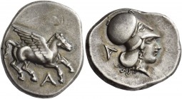Epirus, Ambracia. Stater circa 404-360, AR 8.69 g. Pegasus flying r.; below, A. Rev. Head of Athena r., wearing Corinthian helmet; behind, A. Calciati...