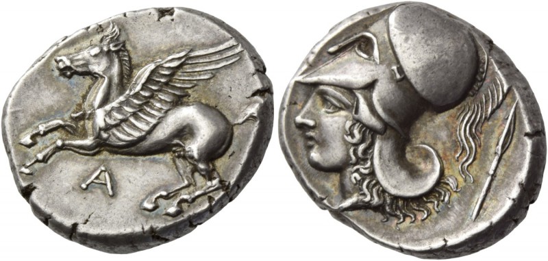 Epirus, Ambracia. Stater circa 360-338, AR 8.55 g. Pegasus flying l.; below, A. ...