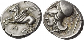 Epirus, Ambracia. Stater circa 360-338, AR 8.55 g. Pegasus flying l.; below, A. Rev. Head of Athena l., wearing crested Corinthian helmet; behind, spe...