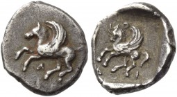 Acarnania, Leucas. Diobol circa 440-400, AR 0.91 g. Pegasus flying l.; below, Λ. Rev. Pegasus prancing l.; above, O and below, Δ - Ι; all within parti...