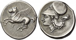 Thyrreium. Stater circa 350-300, AR 8.53 g. Pegasus flying l.; below, P. Rev. Head of Athena r., wearing Corinthian helmet; below chin, Θ, beneath nec...