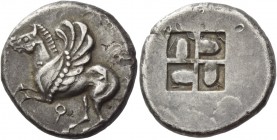 Corinthia, Corinth. Stater 550-500, AR 8.37 g. Pegasus flying l.; below, ?. Rev. Quadripartite incuse square with projections in each quarter. Calciat...