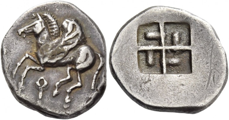 Corinthia, Corinth. Drachm 550-500, AR 2.83 g. Pegasus flying l.; below, ?. Rev....