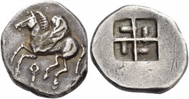 Corinthia, Corinth. Drachm 550-500, AR 2.83 g. Pegasus flying l.; below, ?. Rev. Quadripartite incuse square with projections in each quarter. BMC 29....