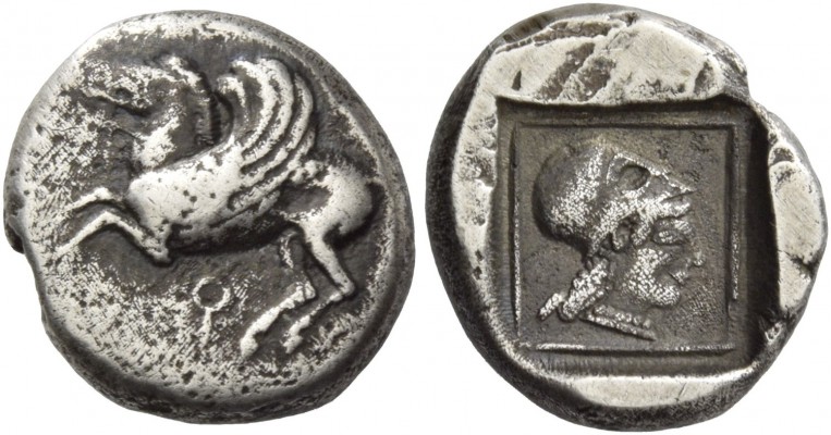 Corinthia, Corinth. Drachm 525-500, AR 2.62 g. Pegasus flying l.; below, ?. Rev....