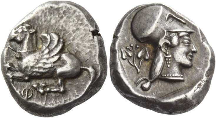 Corinthia, Corinth. Stater 500-450, AR 8.47 g. Pegasus flying l.; below, phi. Re...