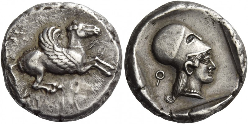 Corinthia, Corinth. Stater 500-450, AR 8.59 g. Pegasus flying r.; below, ?. Rev....