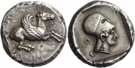 Corinthia, Corinth. Stater 500-450, AR 8.59 g. Pegasus flying r.; below, ?. Rev. Head of Athena r., wearing Corinthian helmet and pearl necklace; behi...