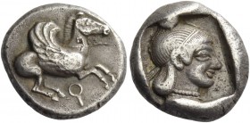 Corinthia, Corinth. Drachm 500-450, AR 2.85 g. Pegasus flying r.; below, ?. Rev. Diademed head of Aphrodite r., wearing pearl necklace; all within inc...