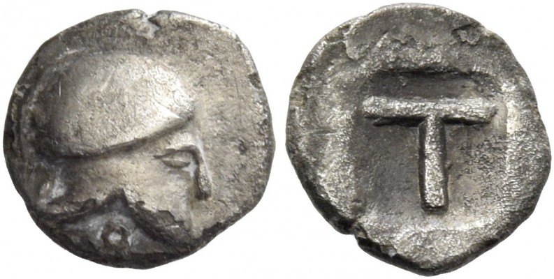 Corinthia, Corinth. Trihemiobol 500-450, AR 0.44 g. Corinthian helmet r. Rev. La...