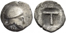 Corinthia, Corinth. Trihemiobol 500-450, AR 0.44 g. Corinthian helmet r. Rev. Large T within incuse square. SNG Copenhagen 21. BCD Corinth 38. Extreme...