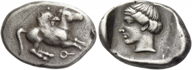 Corinthia, Corinth. Drachm 350-300, AR 2.78 g. Pegasus flying r.; below, ?. Rev....