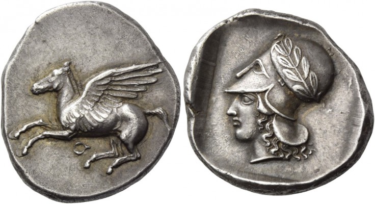 Corinthia, Corinth. Stater circa 430, AR 8.57 g. Pegasus flying r.; below, ?. Re...