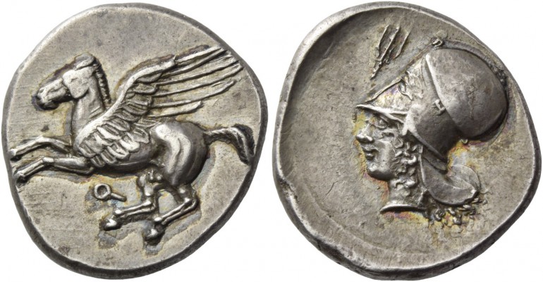 Corinthia, Corinth. Stater circa 410-380, AR 8.51 g. Pegasus flying r.; below, ?...