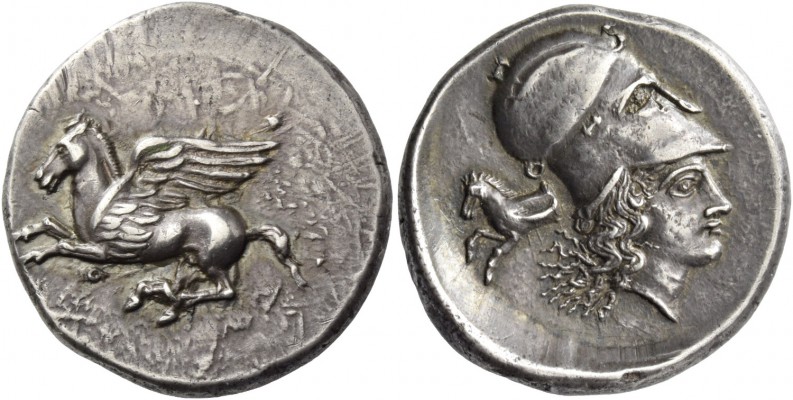 Corinthia, Corinth. Stater circa 410-380, AR 8.62 g. Pegasus flying l.; below q....