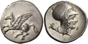 Corinthia, Corinth. Stater circa 410-380, AR 8.37 g. Pegasus flying r.; below, ?. Rev. Head of Athena r., wearing Corinthian helmet; behind, lily. Cal...