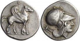 Corinthia, Corinth. Stater circa 380-360, AR 8.46 g. Pegasus advancing r.; above and between its legs, ?. Rev. Head of Athena r., wearing Corinthian h...