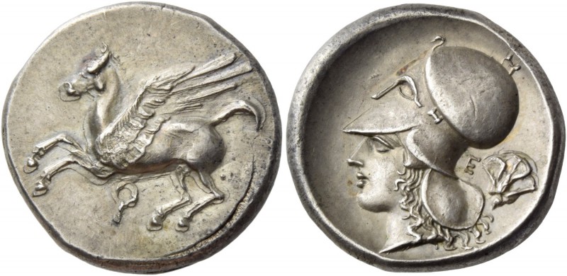 Corinthia, Corinth. Stater circa 330, AR 8.60 g. Pegasus flying l.; below, ?. Re...