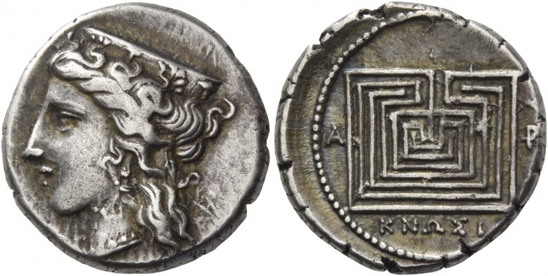 Crete, Cnossos. Drachm circa 300-270 BC, AR 5.42 g. Head of Hera l., wearing ste...