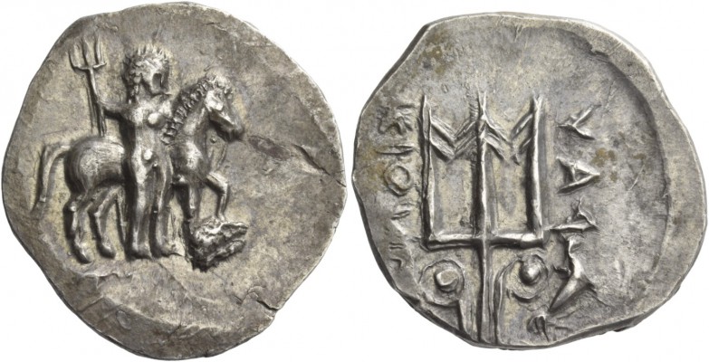 Rhaucus. Stater circa 330-300, AR 11.03 g. Poseidon Hippios, nude, holding tride...
