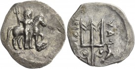 Rhaucus. Stater circa 330-300, AR 11.03 g. Poseidon Hippios, nude, holding trident and standing beside his horse, l. forepaw resting on a rock. Rev. P...