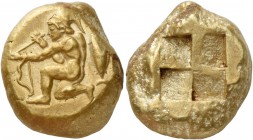 Mysia, Cyzicus. Stater circa 500-450, EL 15.96 g. Nude and beardless warrior, wearing crested Corinthian helmet, kneeling l. on l. knee, sighting arro...