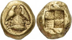 Mysia, Cyzicus. Stater circa 450-400, EL 15.97 g. Two eagles, with closed wings, confronting each other and standing on omphalos covered with network ...