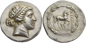 Aeolis, Cyme. Tetradrachm circa 165-140, AR 17.14 g. Diademed head of Apollo r. Rev. ΚΥΜΑΙΩΝ Bridled horse standing r., with l. foreleg raised; below,...