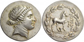 Aeolis, Cyme. Tetradrachm circa 165-140, AR 16.89 g. Diademed head of Apollo r. Rev. ΚΥΜΑΙΩΝ Bridled horse standing r., with l. foreleg raised; below,...