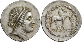 Aeolis, Cyme. Tetradrachm circa 165-140, AR 16.81 g. Diademed head of Apollo r. Rev. ΚΥΜΑΙΩΝ Bridled horse standing r., with l. foreleg raised; below,...