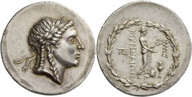 Myrina. Tetradrachm circa 155-145, AR 16.80 g. Laureate head of Apollo r. Rev. MΥΡINAIΩN Apollo Grynius standing r. with laurel branch and patera; to ...