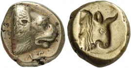 Lesbos, Mytilene. Hecte circa 478-455 BC, EL 2.51 g. Head of lion r. Rev. Incuse head of bull r. Traité II 2132, pl. 159, 7. Bodenstedt 28. Very rare ...