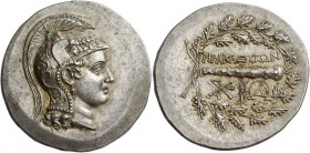 Ionia, Heracleia ad Latmum. Tedradrachm 2nd century BC, AR 16.94 g. Head of Athena r., wearing pearl necklace and crested Attic helmet decorated on bo...