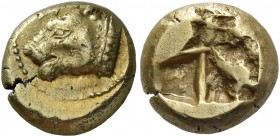 Phocaea. Hecte circa 625-522, EL 2.58 g. Head of lioness l.; above, seal. Rev. Quadripartite incuse square. Bodenstedt 26. Extremely rare and among th...