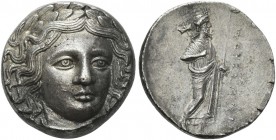 Dynasts of Caria, Maussolus, 377 – 353. Tetradrachm, Halicarnassus after 367, AR 15.19 g. Laureate head of Apollo facing three-quarters r. Rev. ΜΑΥΣΣΩ...