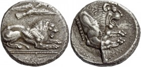 Amathus, Uncertain king. Stater circa 450-430, AR 11.22 g. Lion lying r.; above, eagle flying r.; in exergue, Cypriot mo. Rev. Forepart of lion r. wit...